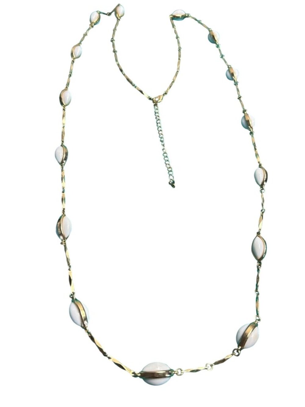 90s Goldtone Faceted Bar Chain White Oval Station Beaded Necklace Lobster Clasp
